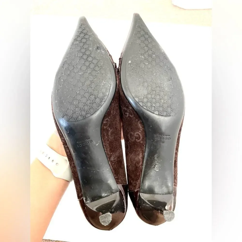 Gucci Horsebit Web Stripe GG Pump Size 8.5 Brown Suede Pointed Toe Kitten Heel - Picture 10 of 10